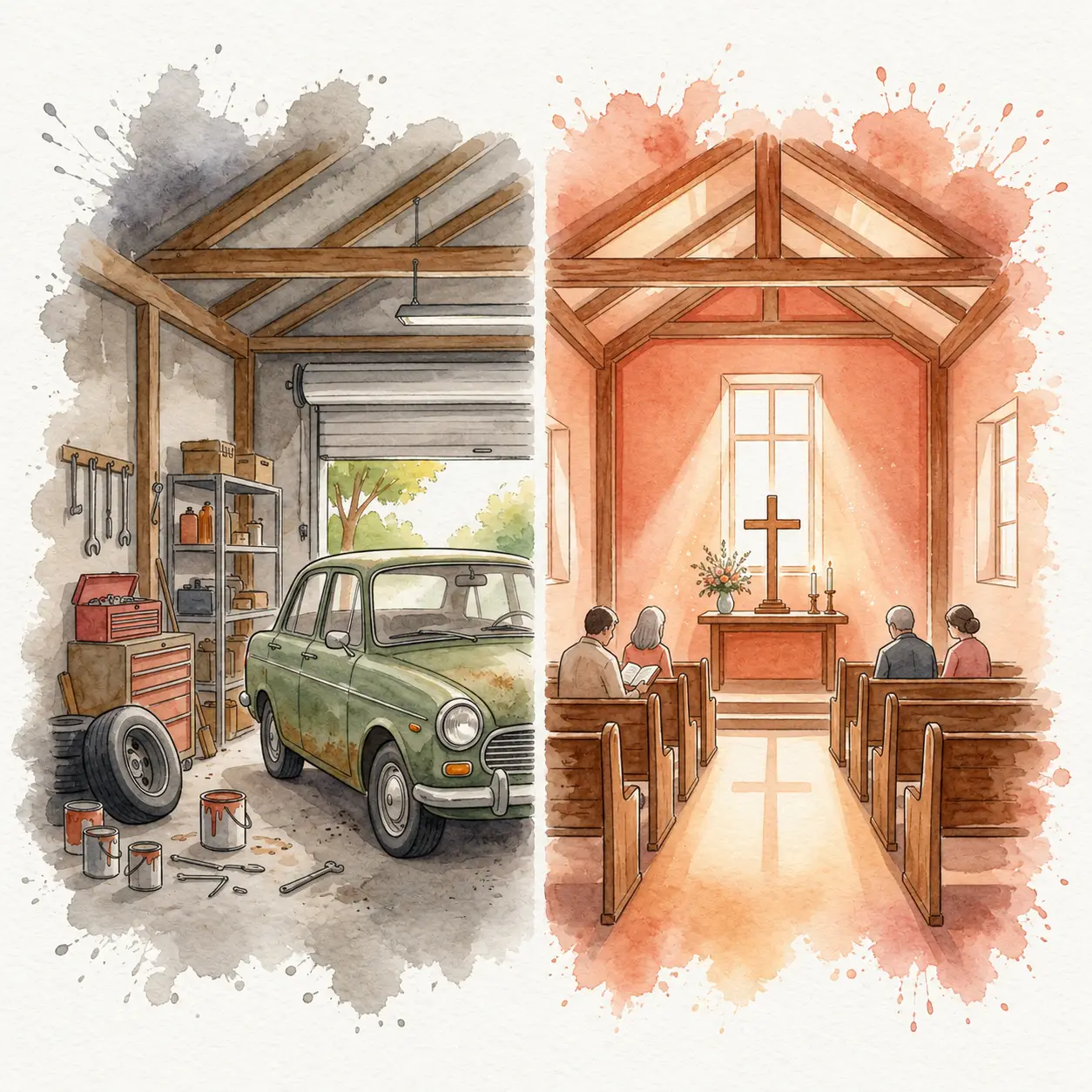 Illustration of a garage transformed into a place of worship