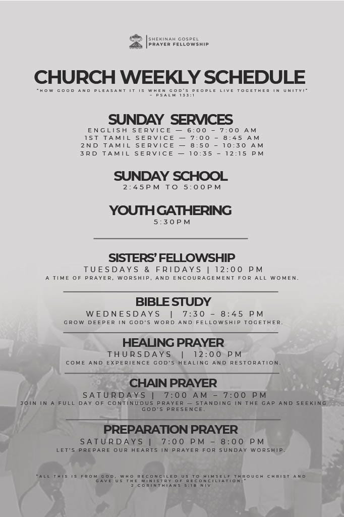 SGPF DJ Halli Church Weekly Schedule Poster
